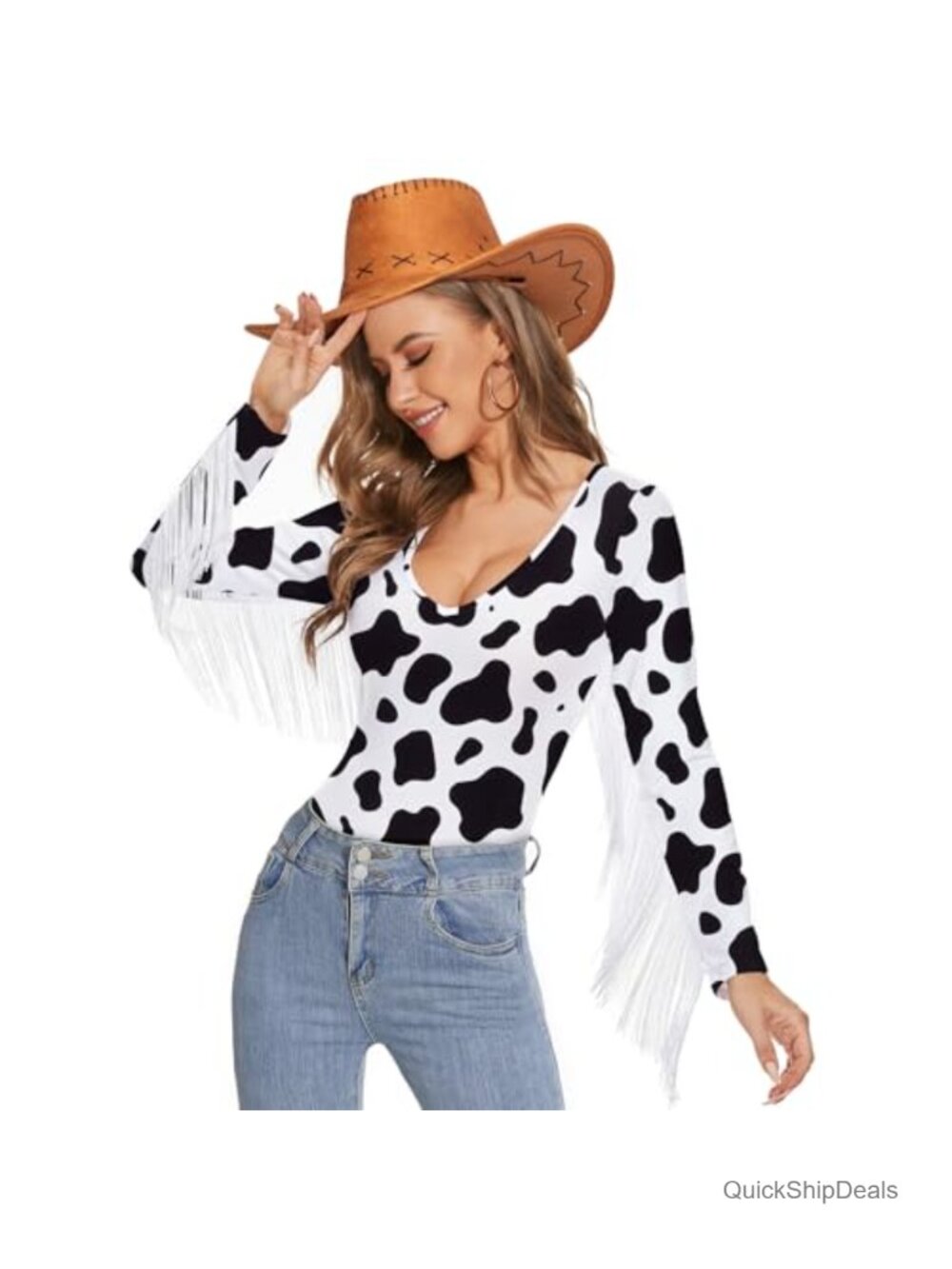 Fringe Trim V Neck Long Sleeve Bodysuit Snap Crotch Western Cowgirl Top